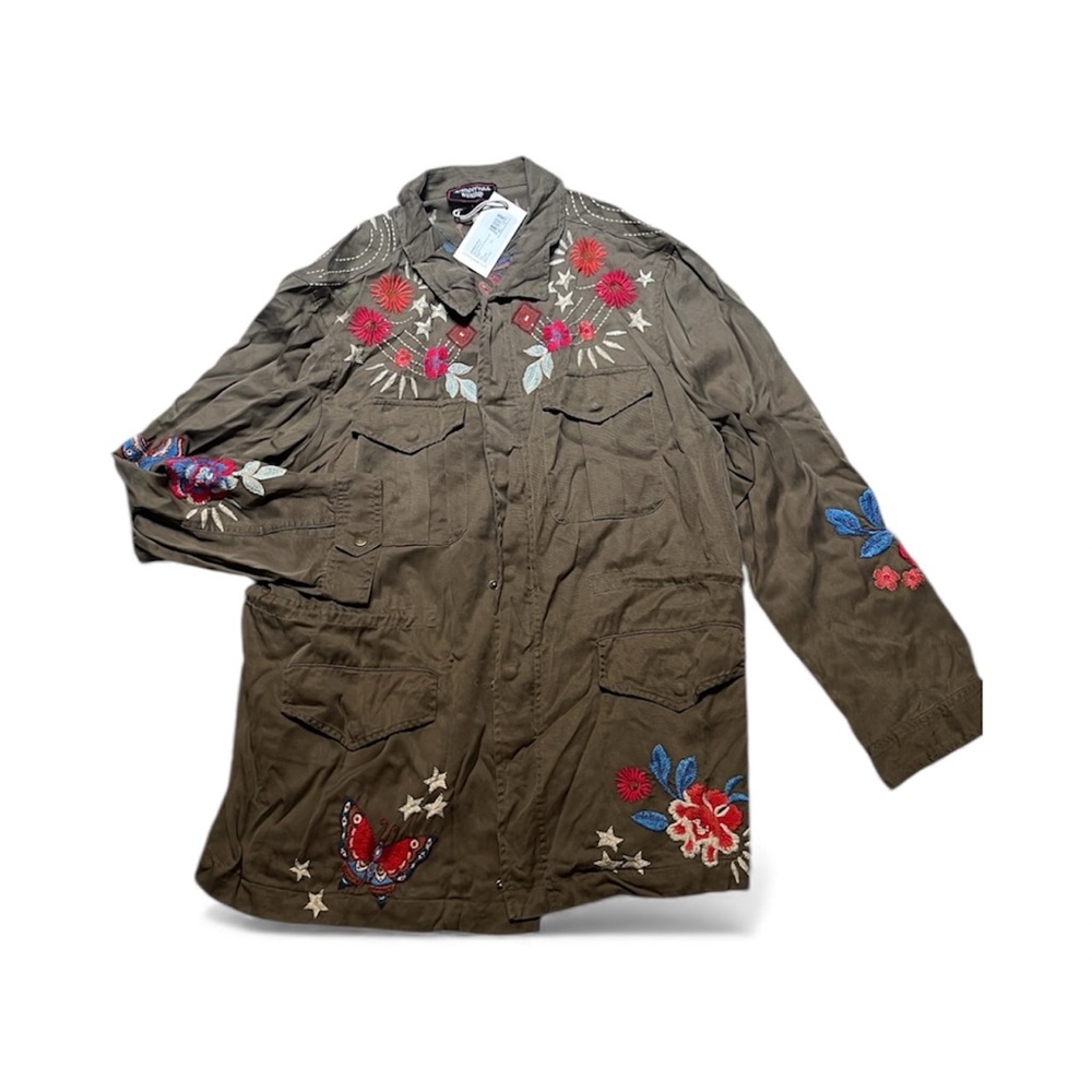 New Johnny Was Workshop Mika Paris Military Green Floral Embroidered LG Jacket